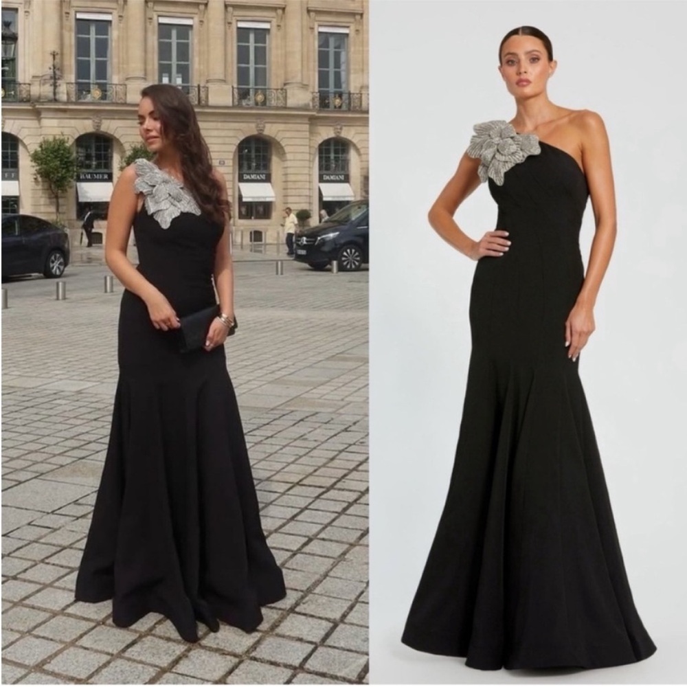 Mac Duggal One-Shoulder Black Gown with Metallic Detail
